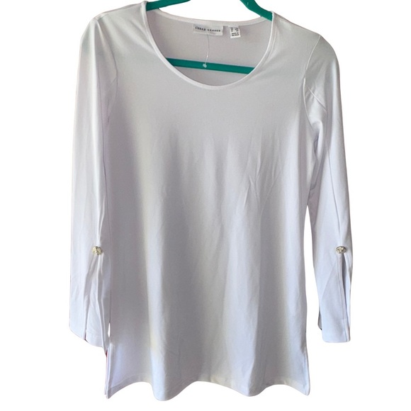 Susan Graver Tops - Susan Graver Fitted White Button Embellished Sleeve Blouse NWOT